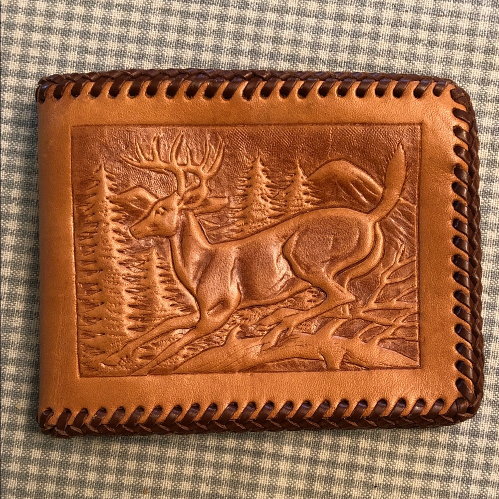 Tooled Leather Wallet with Deer & Oak Vintage 1970 Excellent Unused #1256